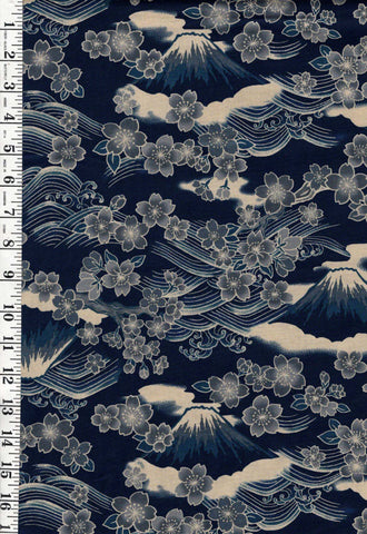*Quilt Gate - Gosaiyuuboku Mt. Fuji & Cherry Blossoms - HR3490-13D - Navy - By the Half Yard