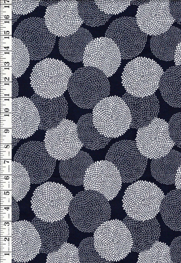 Asian -   Stylized Floating Mums - Indigo (Almost Black) & White - Last 1 yard