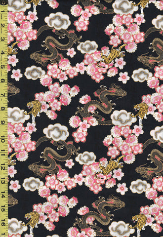 *Japanese - Naka Dragons, Tigers & Cherry Blossoms - N-2600-30A - Black - ON SALE - 20% OFF - Last 2 2/3 Yards