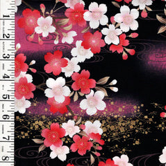 *Japanese - Naka Cherry Blossoms & River Swirls - N-2900-2B - Black - By the Half Yard