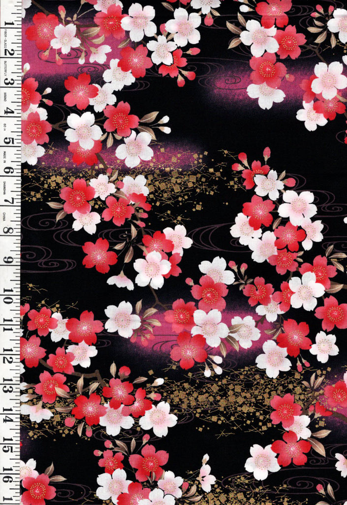 *Japanese - Naka Cherry Blossoms & River Swirls - N-2900-2B - Black - By the Half Yard