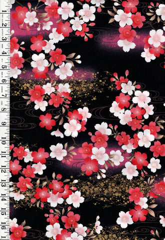 *Japanese - Naka Cherry Blossoms & River Swirls - N-2900-2B - Black - By the Half Yard