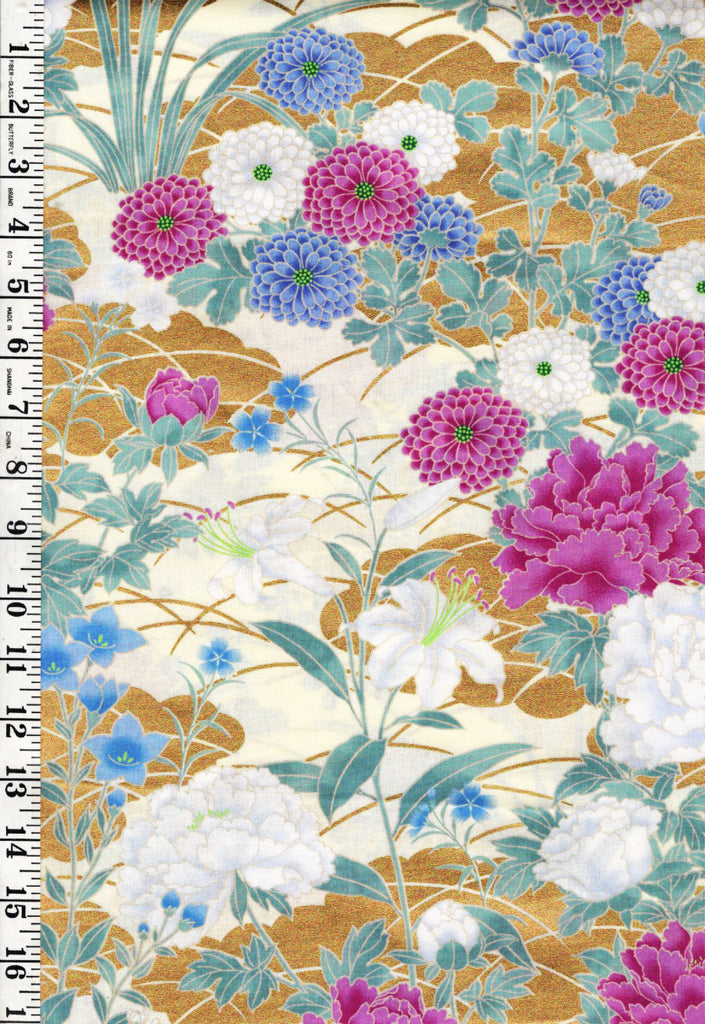 *Japanese - Naka Colorful Fuchsia, White & Blue Mums & Peonies - N-1500-3A - Cream - By the Half Yard