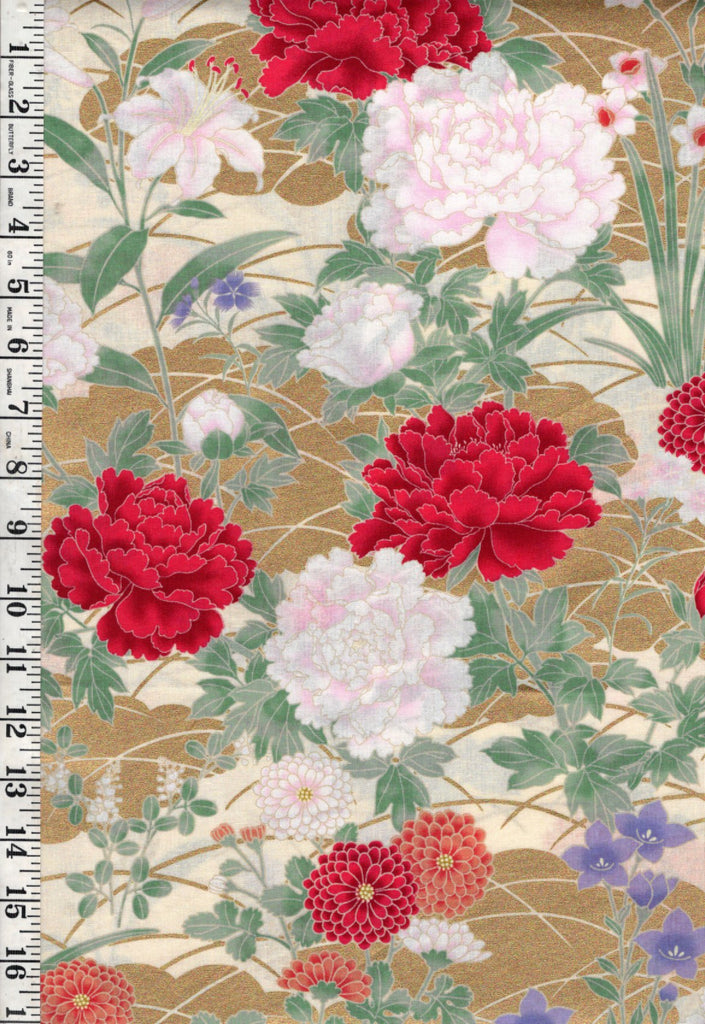 *Japanese - Naka Colorful Red, Pink & Coral Mums & Peonies - N-1500-3B - Cream - By the Half Yard