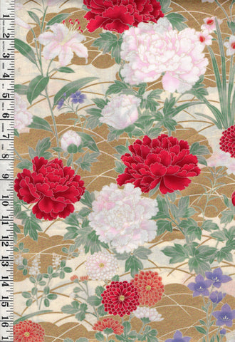 *Japanese - Naka Colorful Red, Pink & Coral Mums & Peonies - N-1500-3B - Cream - By the Half Yard