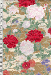 *Japanese - Naka Colorful Red, Pink & Coral Mums & Peonies - N-1500-3B - Cream - By the Half Yard