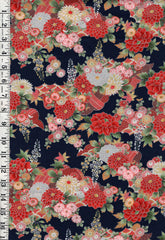 *Japanese - Naka Beautiful Floral Clusters - Mums, Daisies & Peonies with Silver Metallic - N-1750-89A - Indigo