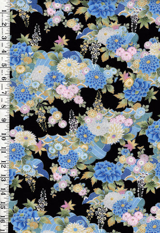 *Japanese - Naka Beautiful Floral Clusters - Mums, Daisies & Peonies with Silver Metallic - N-1750-89B - Black