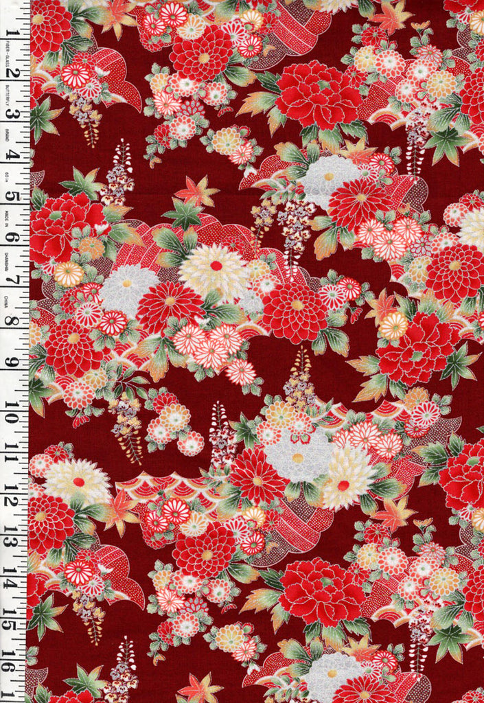 *Japanese - Naka Beautiful Floral Clusters - Mums, Daisies & Peonies with Silver Metallic - N-1750-89 C - Maroon