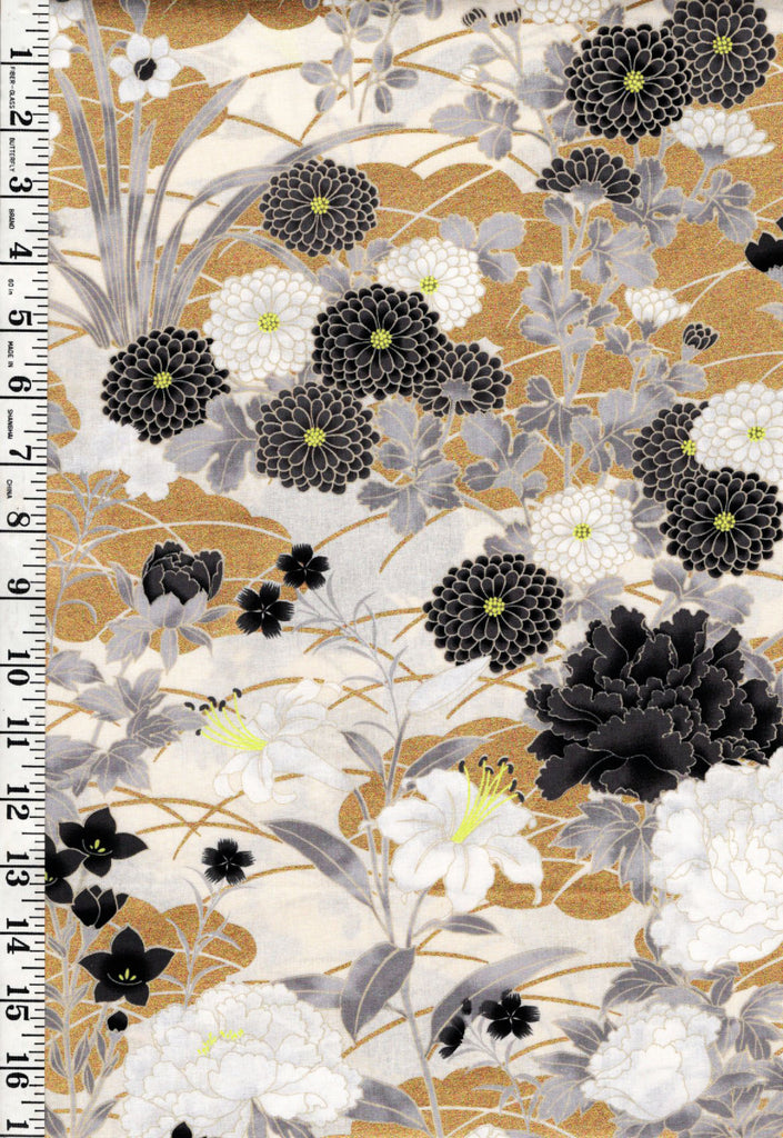 *Japanese - Naka Colorful Black, White & Gray Mums & Peonies - N-1500-3C - Very Light Beige - By the Half Yard