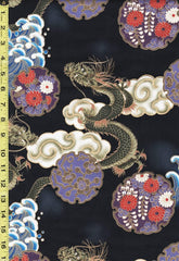 *Japanese - Naka Dragons, Waves, Clouds & Floral Medallions - N-1750-59B - Black - 1 1/4 Yard Piece