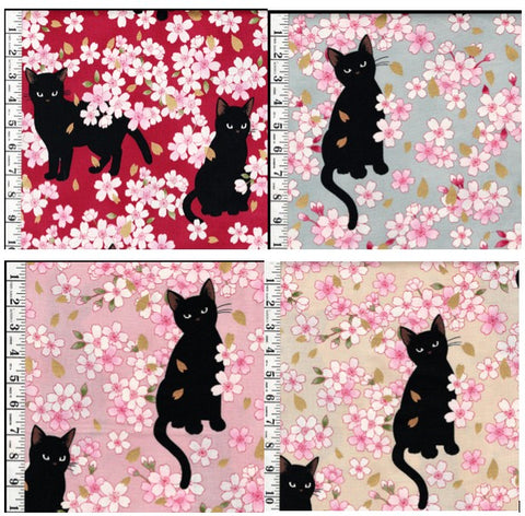 Quilt Gate - Neko Black Cat & Cherry Blossoms - 2 Yard BUNDLE ASSORTMENT SPECIAL - 4 - 1/2 Half Yard Cuts