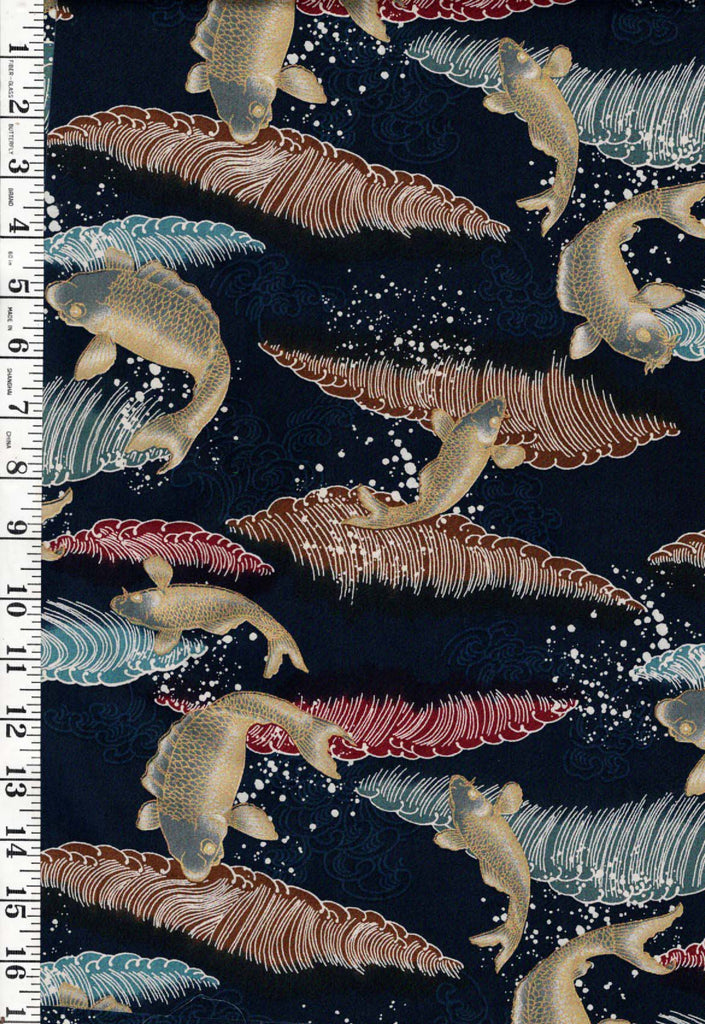 Asian - Notions in Paradise - Leaping Carp & Colorful Crested Waves - Dark Navy - 2 Fat Quarter Bundle - ONE ONLY