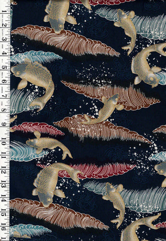 Asian - Notions in Paradise - Leaping Carp & Colorful Crested Waves - Dark Navy - 2 Fat Quarter Bundle - ONE ONLY
