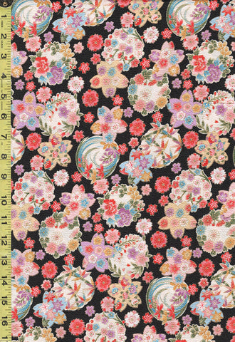 *Japanese - Naka Cherry Blossoms & Floral Medallions - Crepe Like Texture - N-2500-139A-Black - Last 2 3/8 Yards