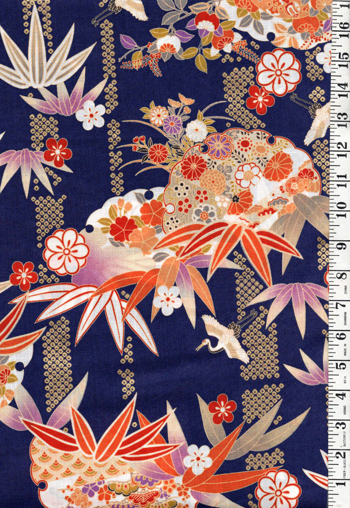 Japanese - Naka Elegant Floral Medallions & Bamboo - Lighter weight Dobby Weave - N-1100-SC - Blue