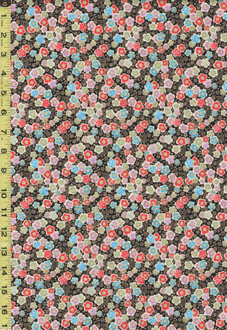 Japanese - Naka Small Colorful Cherry Blossoms & Tiny Gold Squares - N-2200-84A - Black - Last 2 1/2 yards