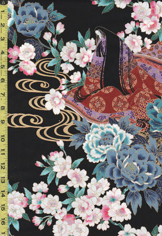 *Japanese - Naka Geisha, Colorful Peonies & River Swirls - N-1750-86A - Black