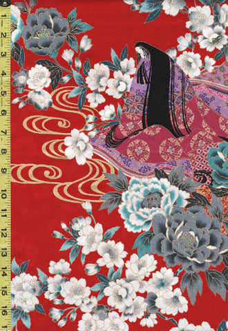 *Japanese - Naka Geisha, Colorful Peonies & River Swirls - N-1750-86B - Red