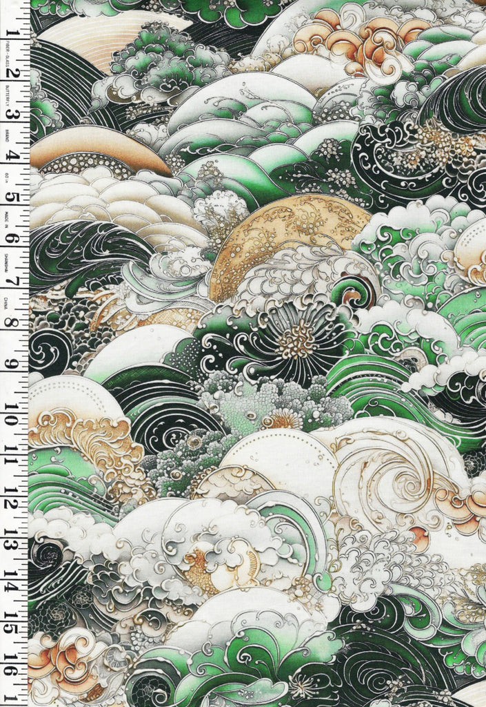 *Asian - Nami Stylized Crested Waves - WIDE BACK (108") - 5657 - Green - By the Half Yard
