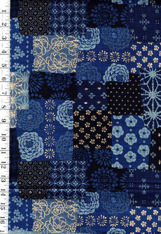 *Japanese - Sevenberry Nara Homespun - Floral Patchwork Collage with Gold Metallic - SB-88501-1-4 - Navy & Blue