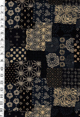 *Japanese - Sevenberry Nara Homespun - Floral Patchwork Collage with Gold Metallic - SB-88501-1-1 - Dark Indigo (Almost Black) & Gray