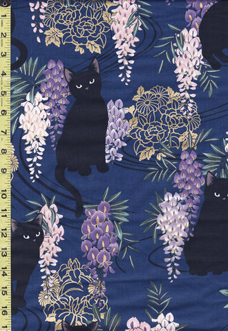 *Quilt Gate - Neko Black Cat, Wisteria & Floral Medallions - HR3410-G - Navy