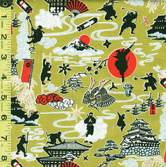 Japanese - Novelty - Kokka - Ninjas, Castles & Mt. Fuji - ST-5503-2C - Chartreuse