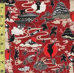 Japanese - Novelty - Kokka - Ninjas, Castles & Mt. Fuji - ST-5503-2D - Red