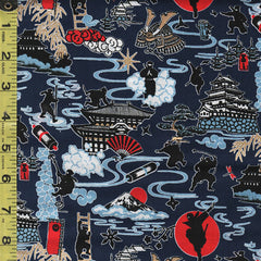 Japanese - Novelty - Kokka - Ninjas, Castles & Mt. Fuji - ST-5503-2E - Navy