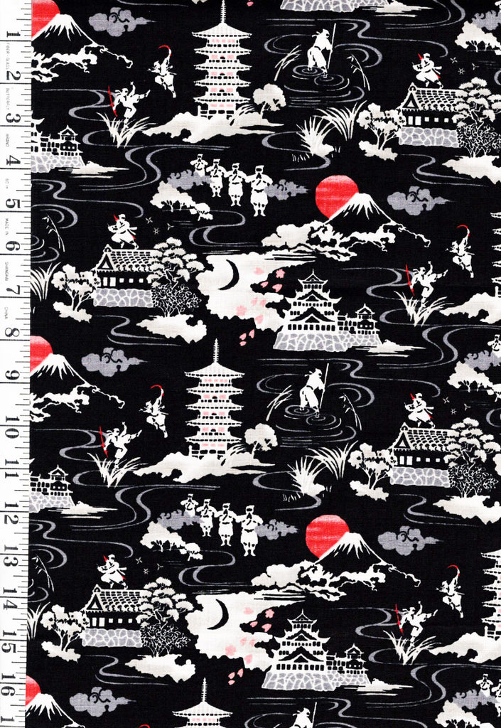 *Japanese Novelty - Ninjas, Castles & Mt. Fuji - Dobby Weave - Black - Last 30"