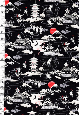 *Japanese Novelty - Ninjas, Castles & Mt. Fuji - Dobby Weave - Black - Last 30