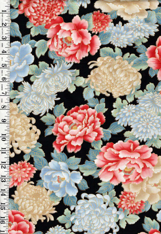 Asian - Niwa Colorful Mums & Peonies - 24997 - Black - Last 1 1/2 yards