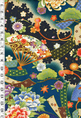 *Asian - Noshi Ribbons, Peonies, Mums & Floral Fans - Multi-Colors - 1 yard pieces