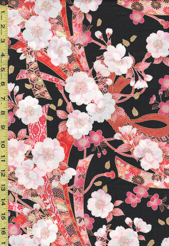 *Japanese - Naka Beautiful Large Floral Noshi Ribbons & Cherry Blossoms - N-1100-1A - Black