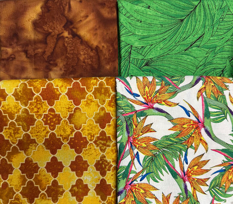 Half Yard Color Pack - 4 Half Yard Assortment - BIrd of Paradise, Tropical Leaves & Golden Tiles