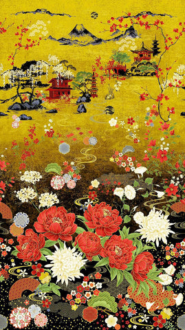*Asian - LOTUS GARDEN - Floral Scenic Garden PANEL- CM3660 - MULTI