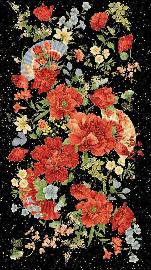 *Asian - IMPERIAL BLOOM - Peonies & Floral PANEL - CM4370-BLACK - By the Panel