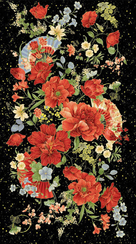 *Asian - IMPERIAL BLOOM - Peonies & Floral PANEL - CM4370-BLACK - By the Panel