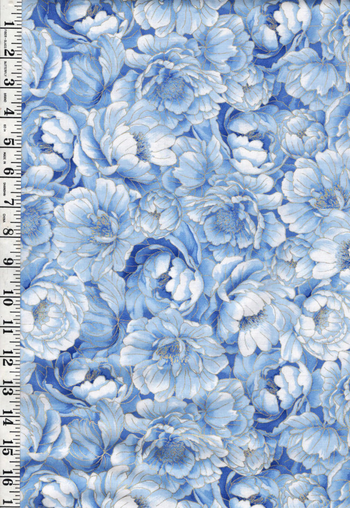 *Asian - Moonlight Collection - Compact Blue Peonies - LOTUS-CM3983 - Blue - By the Half Yard