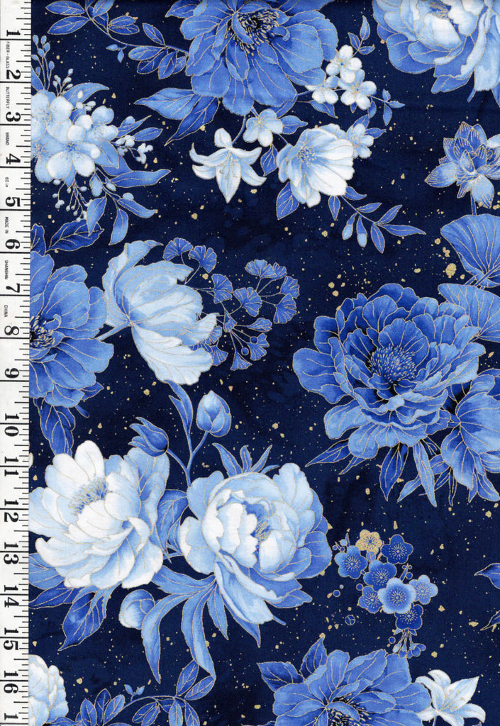 *Asian - Moonlight Collection - Beautiful Blue Peonies - LOTUS-CM3981 - Navy - By the Half Yard
