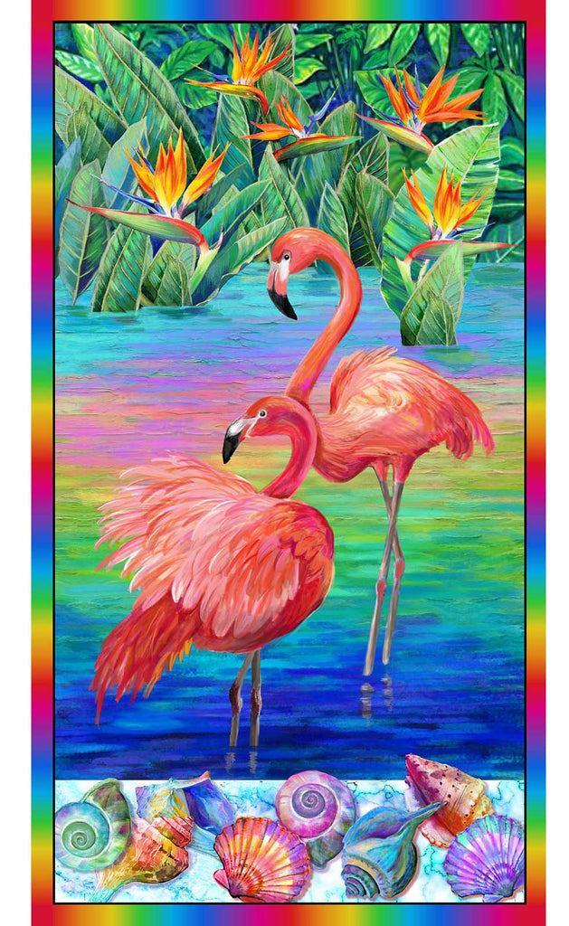 *Tropical - Fabulous Flamingos - Colorful Flamingos, Seashells & Bird of Paradise - PANEL 120-8901 - Multi-Colors