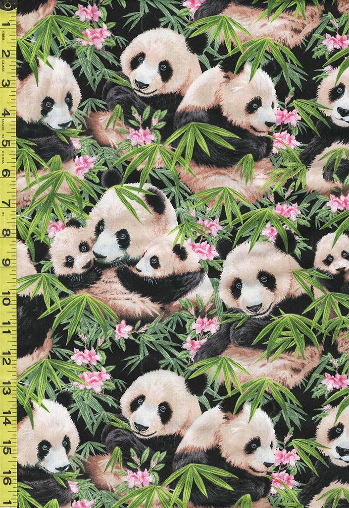 Asian - Panda Family, Little Pink Flowers & Bamboo Leaves - 1230 - Black - ON SALE - SAVE 20% - By the Yard
