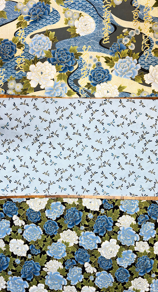 Kona Bay - Pretty Peonies & River Swirls, Dragonflies, Compact Peonies - 3 pieces - 1/3 yard each (12" x 44") - Blues