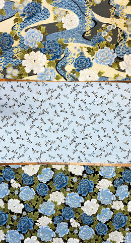Kona Bay - Pretty Peonies & River Swirls, Dragonflies, Compact Peonies - 3 pieces - 1/3 yard each (12