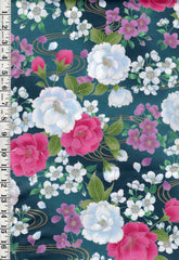 *Japanese - Naka Colorful Peonies & Floral Blossoms - N-1400-1D - Teal - By the Half Yard
