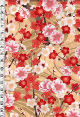 *Japanese - Naka Springtime Ume (Plum Blossoms) - N-1500-1A - Salmon, Red Coral & Pink - By the Half Yard