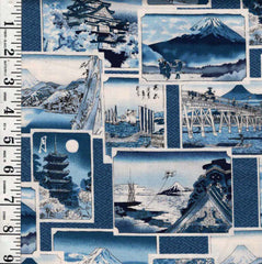 *Japanese - Kokka Ukiyo-e Scenic Travel Cards - YPA-59050-1B - Blue - By the Half Yard
