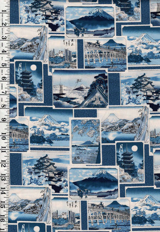*Japanese - Kokka Ukiyo-e Scenic Travel Cards - YPA-59050-1B - Blue - By the Half Yard
