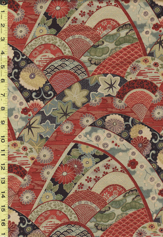 *Asian - Quilt Gate - Floral Arches & Ribbons - Copper, Olive Green - Last 2 1/8 yards